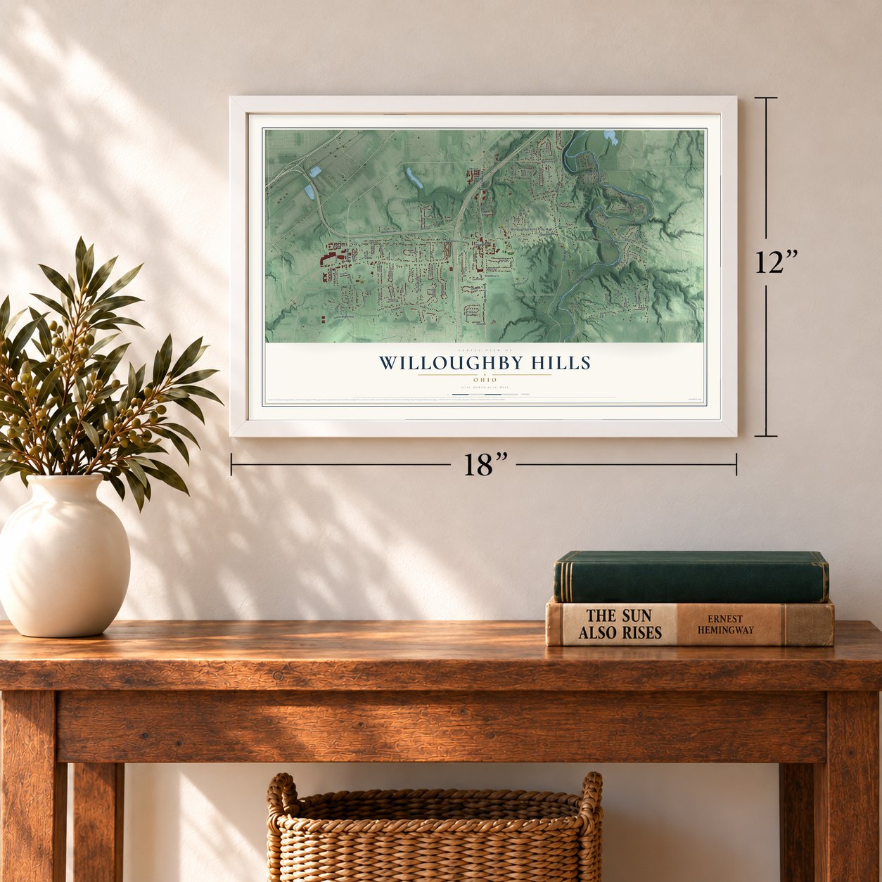 Willoughby Hills, Ohio map, 12 x 18 inch print in a white frame in an entryway