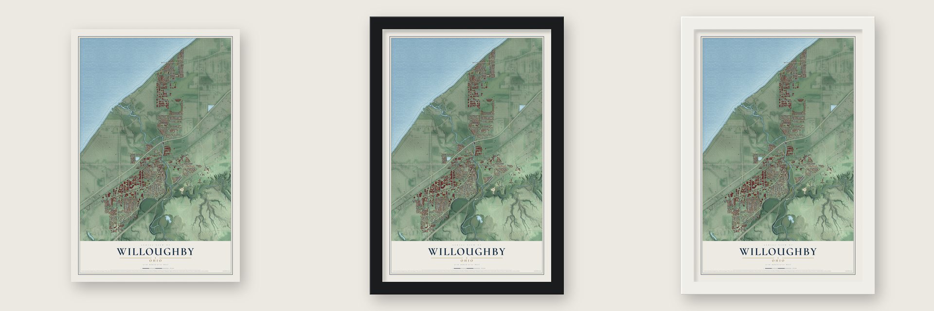 Willoughby, Ohio map unframed, in a black wood frame and in a white wood frame