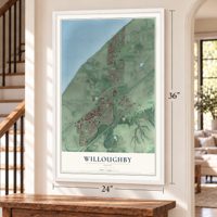 Willoughby, Ohio map, 24 x 36 inch print in a white frame by a staircase