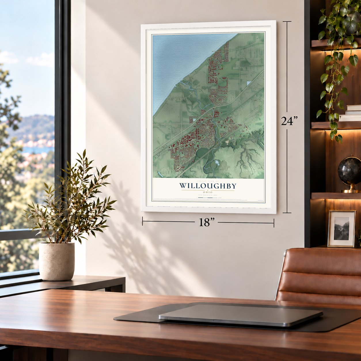 Willoughby, Ohio map, 18 x 24 inch print in a white frame in a home office