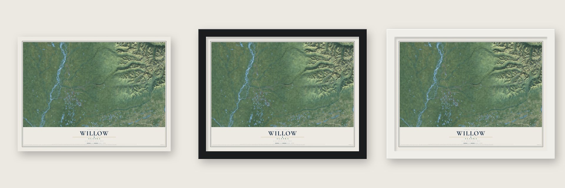 Willow, Alaska map unframed, in a black wood frame and in a white wood frame