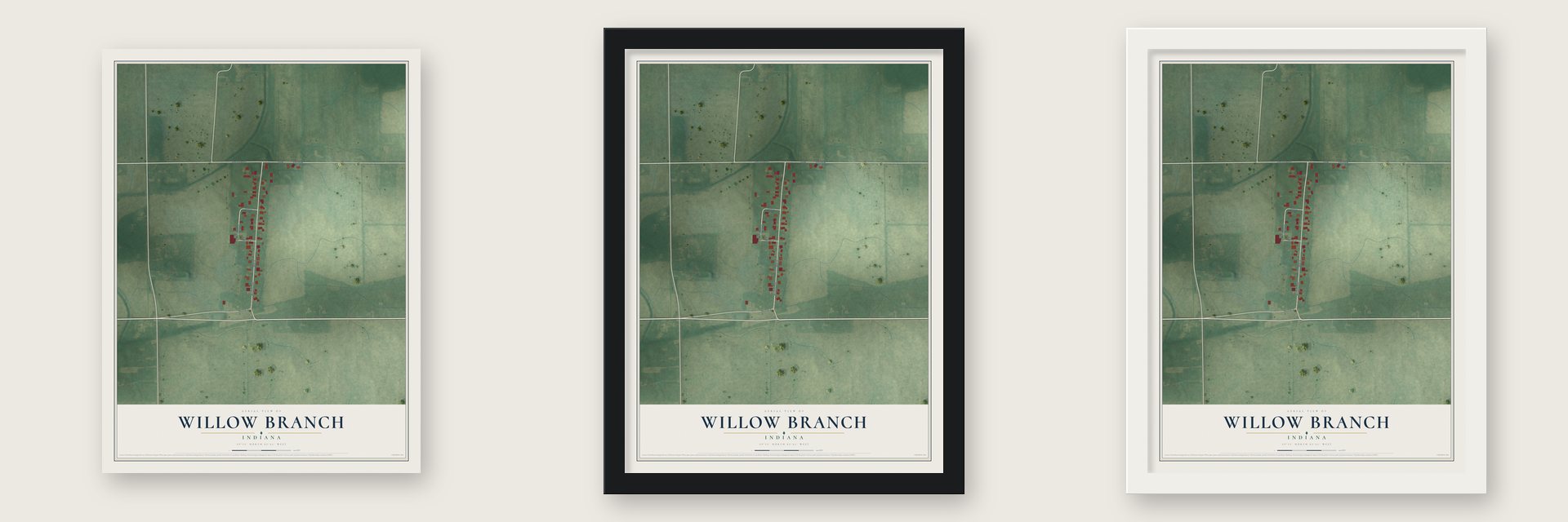 Willow Branch, Indiana map unframed, in a black wood frame and in a white wood frame