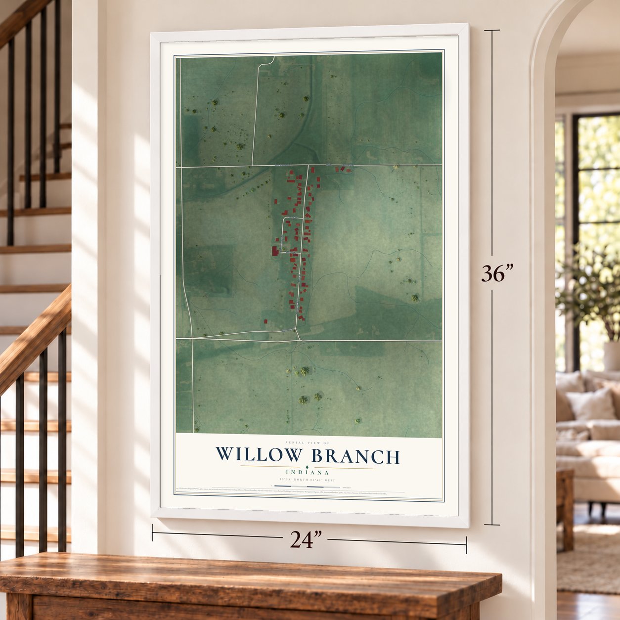 Willow Branch, Indiana map, 24 x 36 inch print in a white frame by a staircase