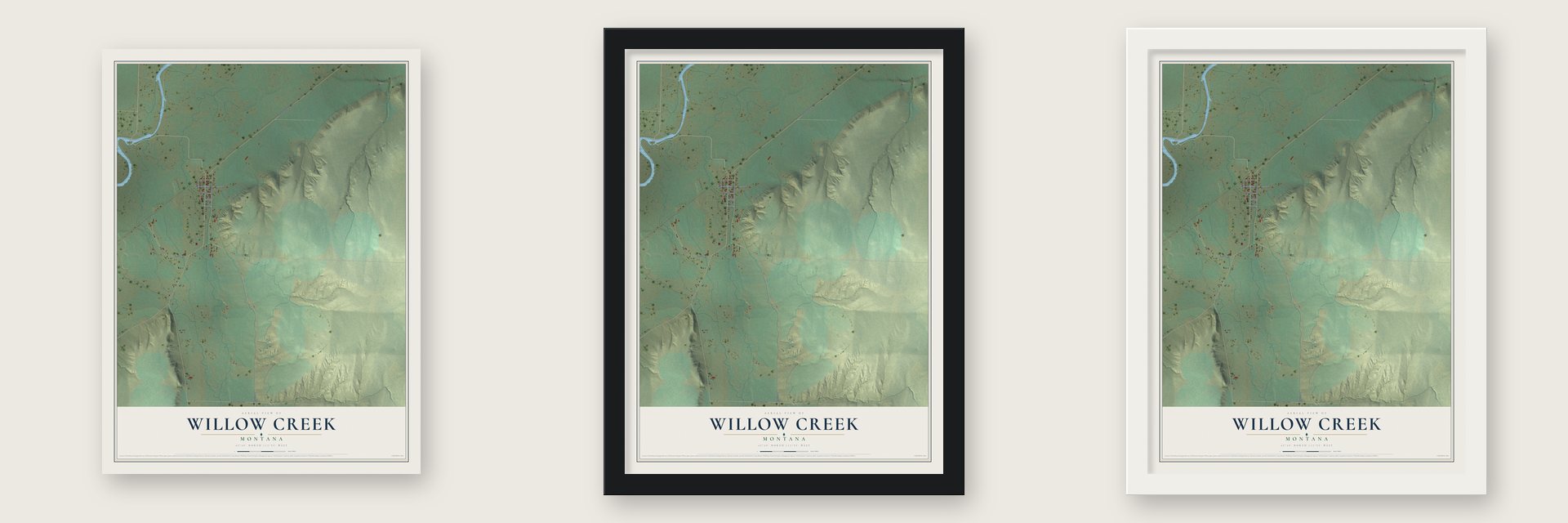 Willow Creek, Montana map unframed, in a black wood frame and in a white wood frame