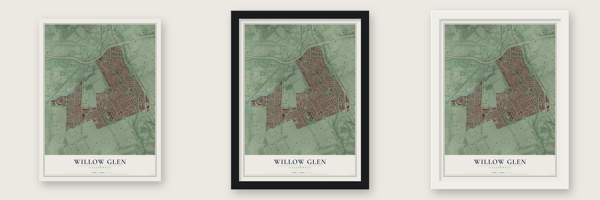 Willow Glen, California map unframed, in a black wood frame and in a white wood frame