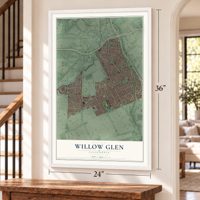 Willow Glen, California map, 24 x 36 inch print in a white frame by a staircase