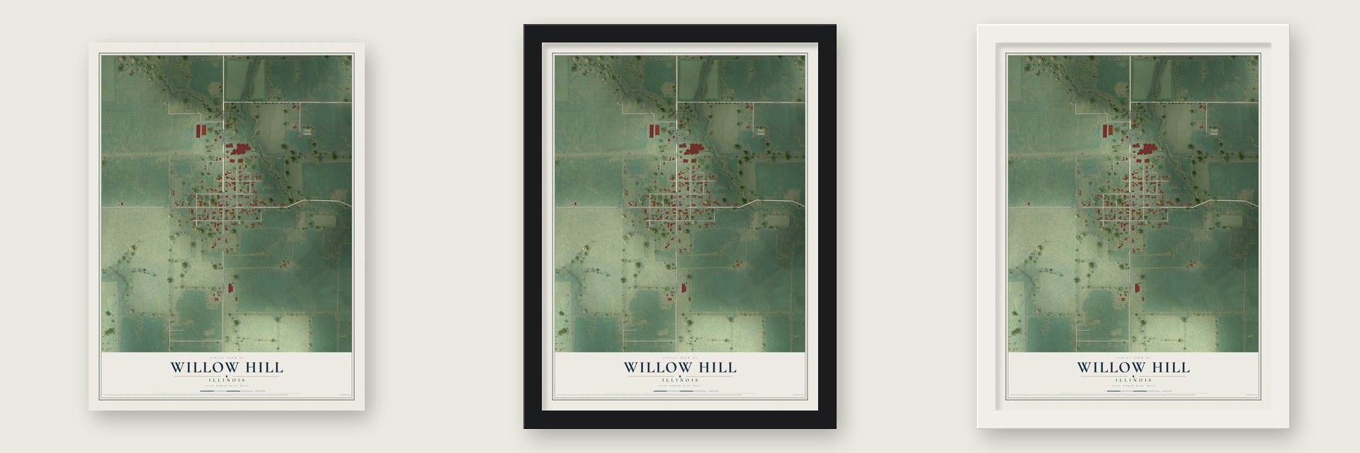 Willow Hill, Illinois map unframed, in a black wood frame and in a white wood frame