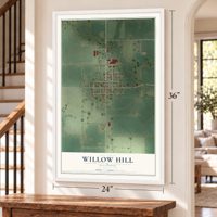 Willow Hill, Illinois map, 24 x 36 inch print in a white frame by a staircase