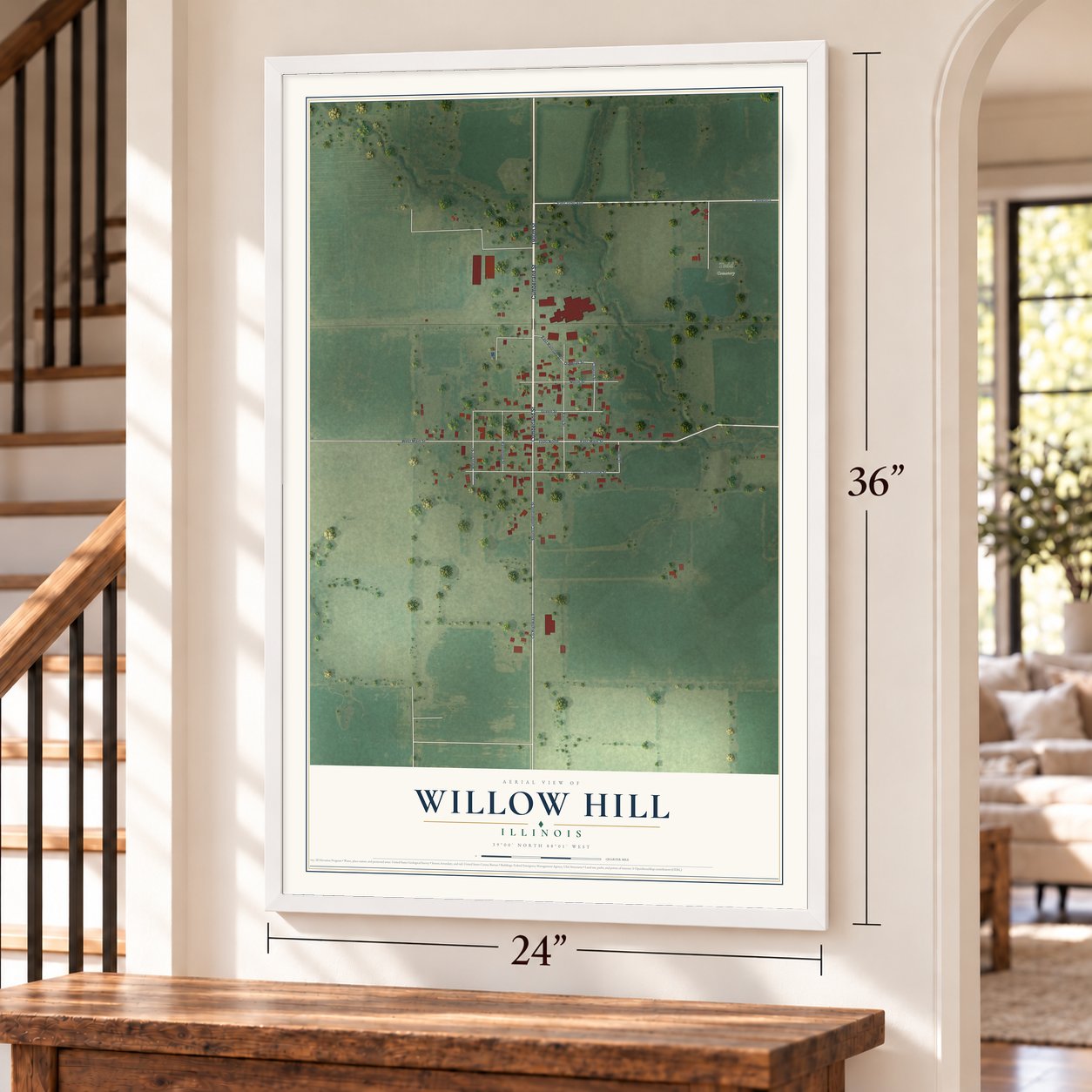 Willow Hill, Illinois map, 24 x 36 inch print in a white frame by a staircase
