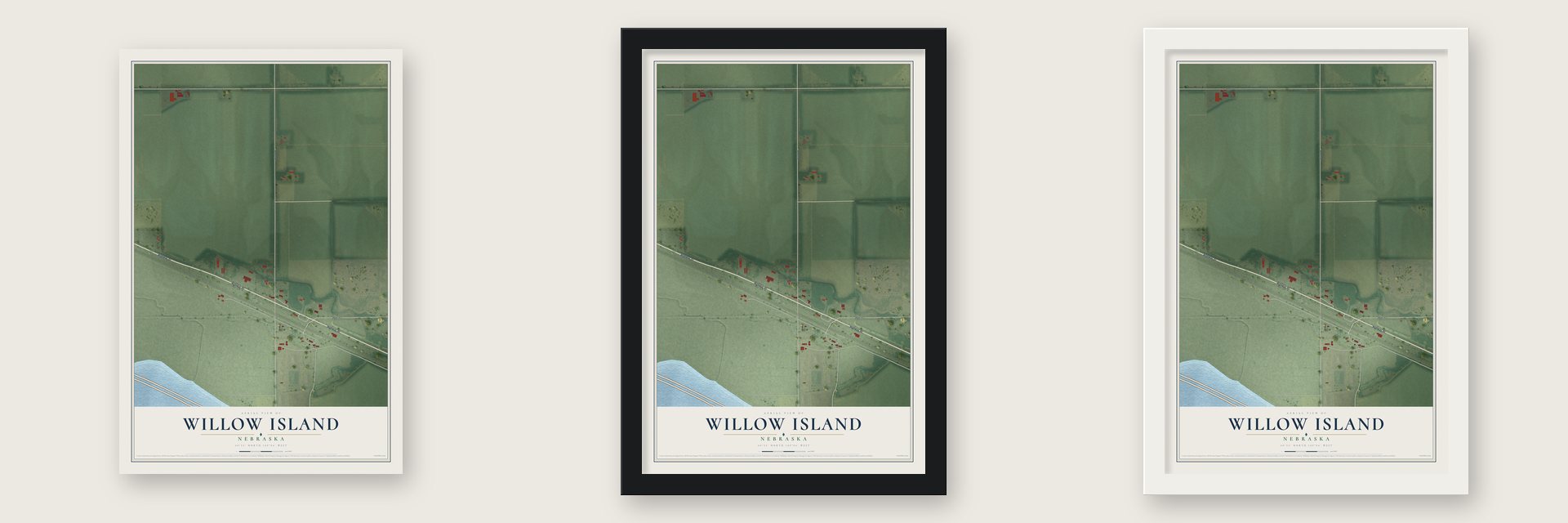 Willow Island, Nebraska map unframed, in a black wood frame and in a white wood frame