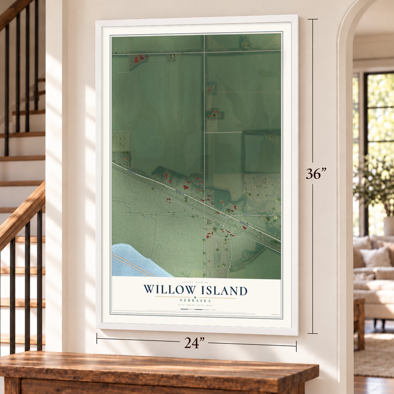 Willow Island, Nebraska map, 24 x 36 inch print in a white frame by a staircase