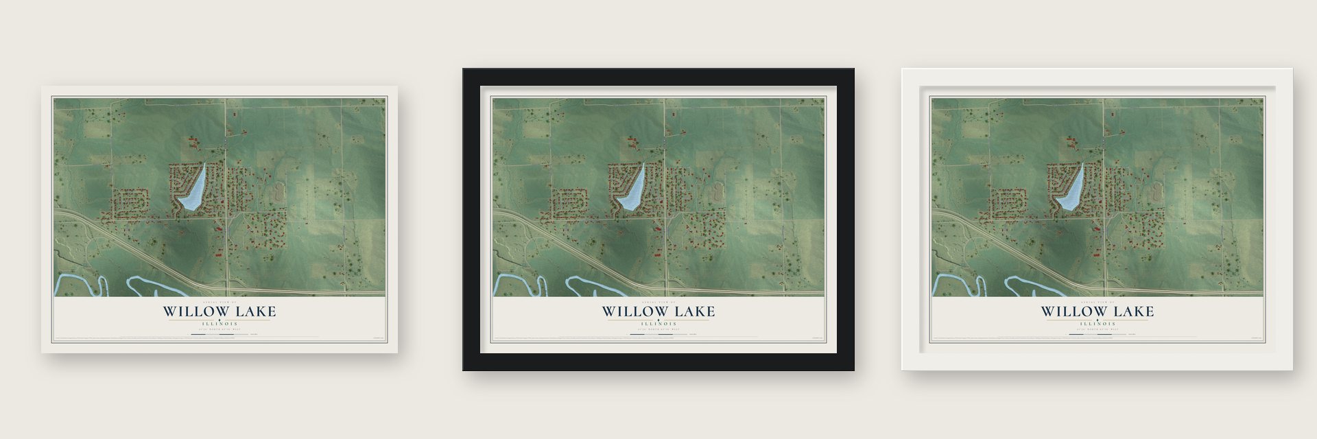 Willow Lake, Illinois map unframed, in a black wood frame and in a white wood frame