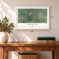 Willow Lake, Illinois map, 12 x 18 inch print in a white frame in an entryway