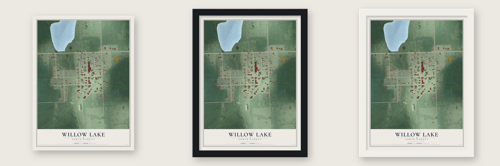 Willow Lake, South Dakota map unframed, in a black wood frame and in a white wood frame