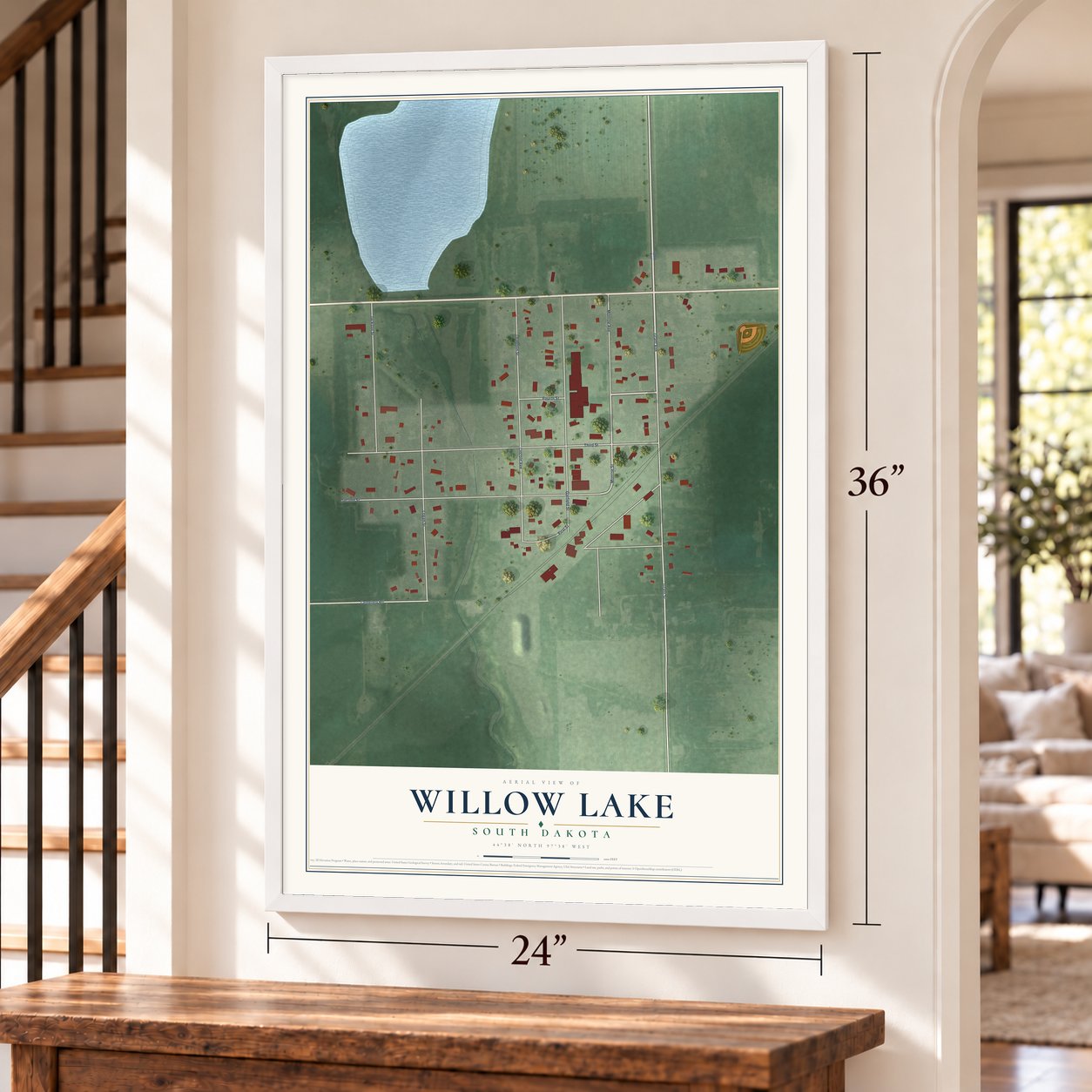 Willow Lake, South Dakota map, 24 x 36 inch print in a white frame by a staircase