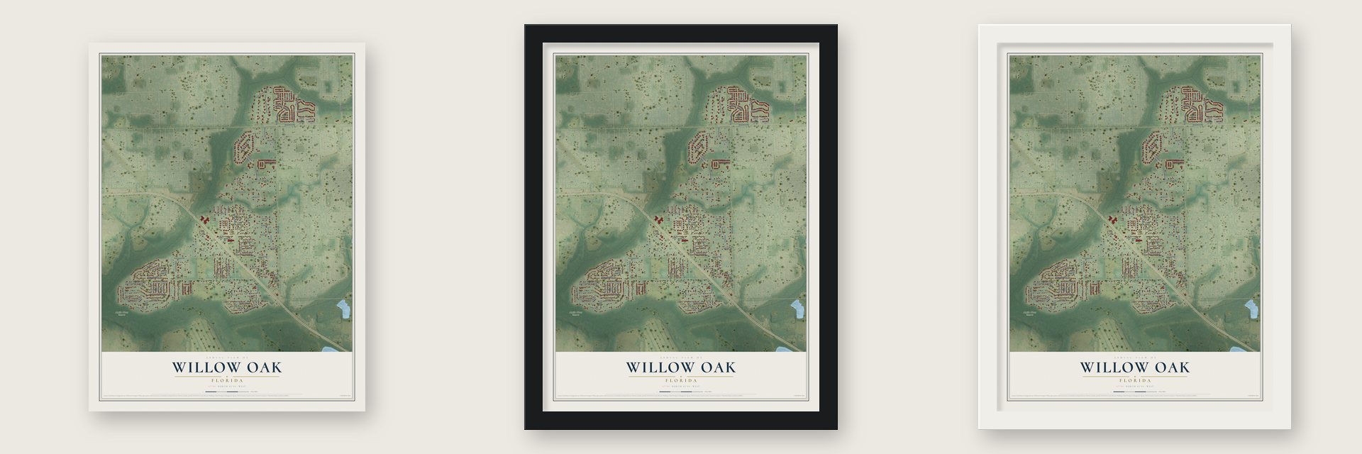 Willow Oak, Florida map unframed, in a black wood frame and in a white wood frame