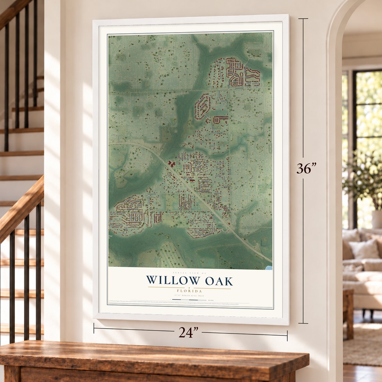 Willow Oak, Florida map, 24 x 36 inch print in a white frame by a staircase