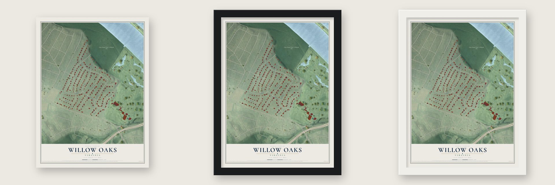 Willow Oaks, Virginia map unframed, in a black wood frame and in a white wood frame