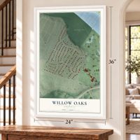 Willow Oaks, Virginia map, 24 x 36 inch print in a white frame by a staircase