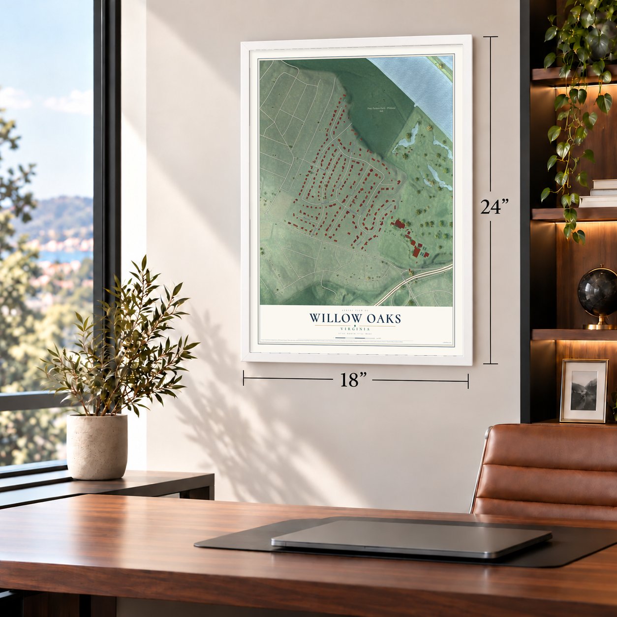 Willow Oaks, Virginia map, 18 x 24 inch print in a white frame in a home office