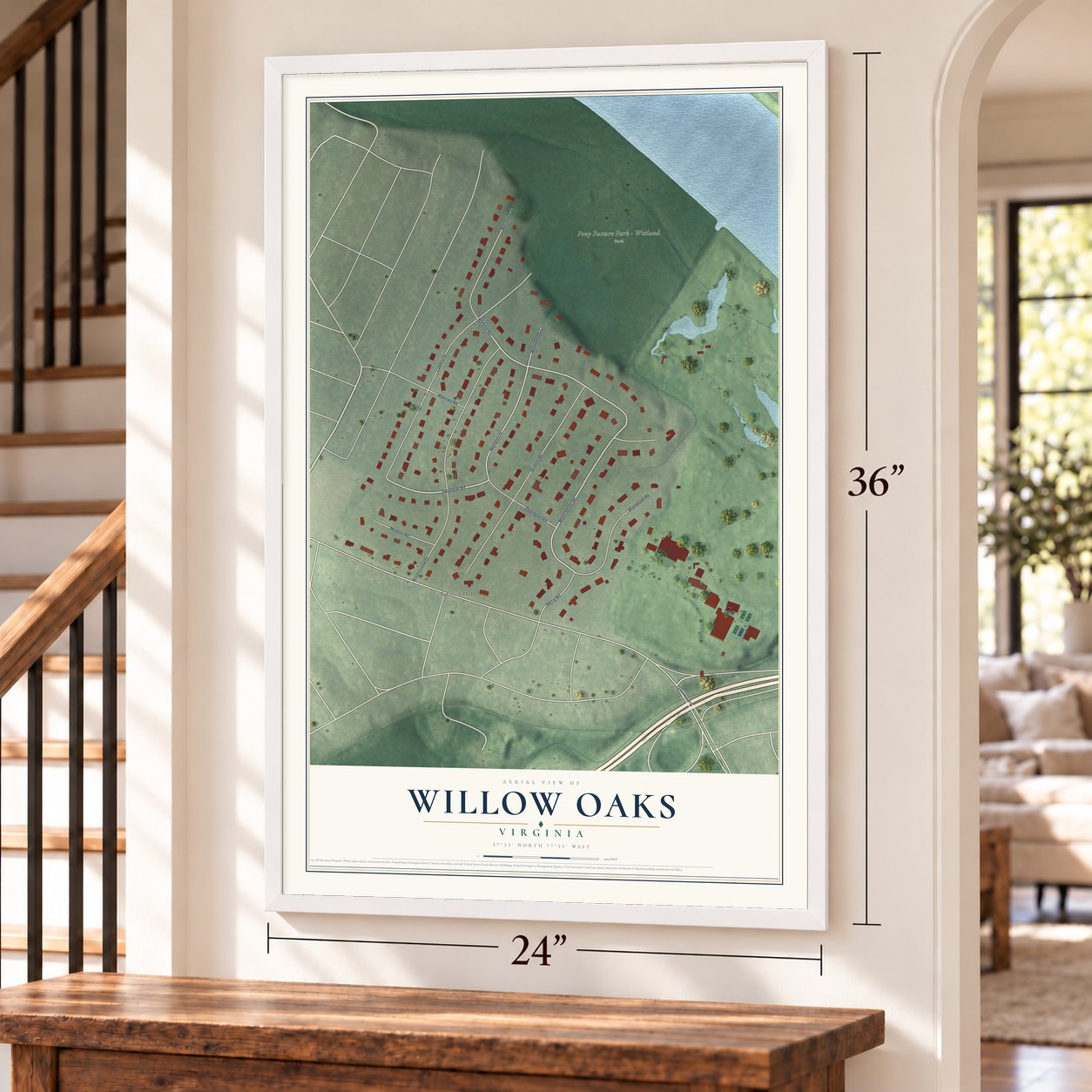 Willow Oaks, Virginia map, 24 x 36 inch print in a white frame by a staircase