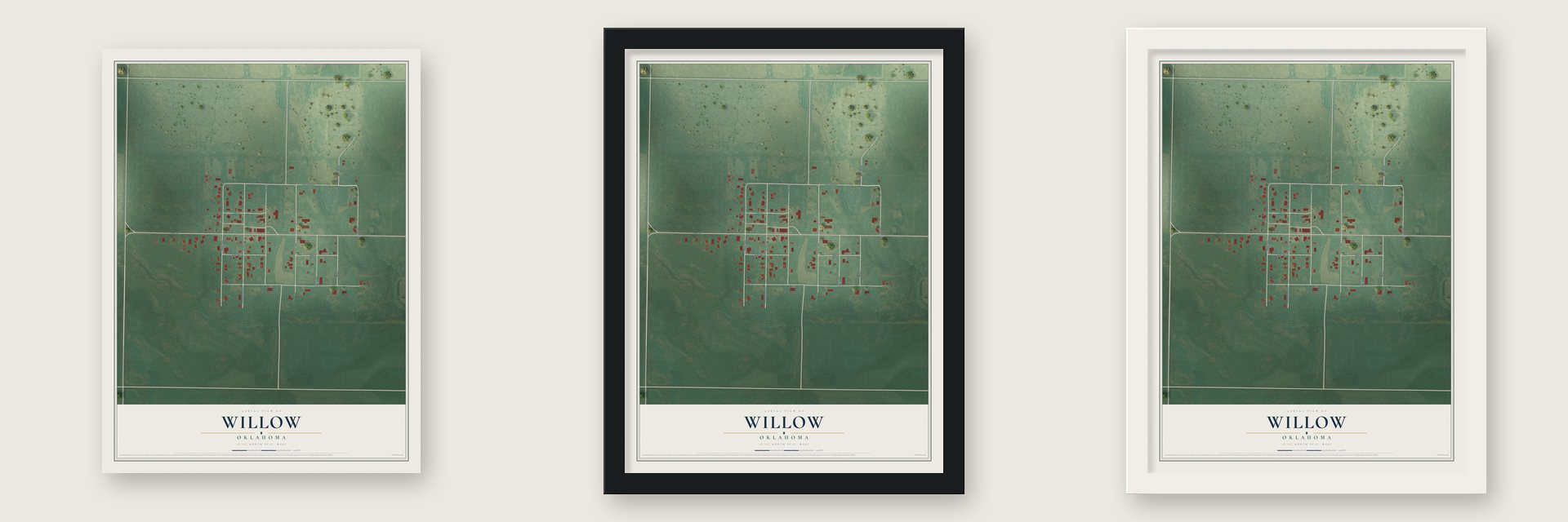 Willow, Oklahoma map unframed, in a black wood frame and in a white wood frame