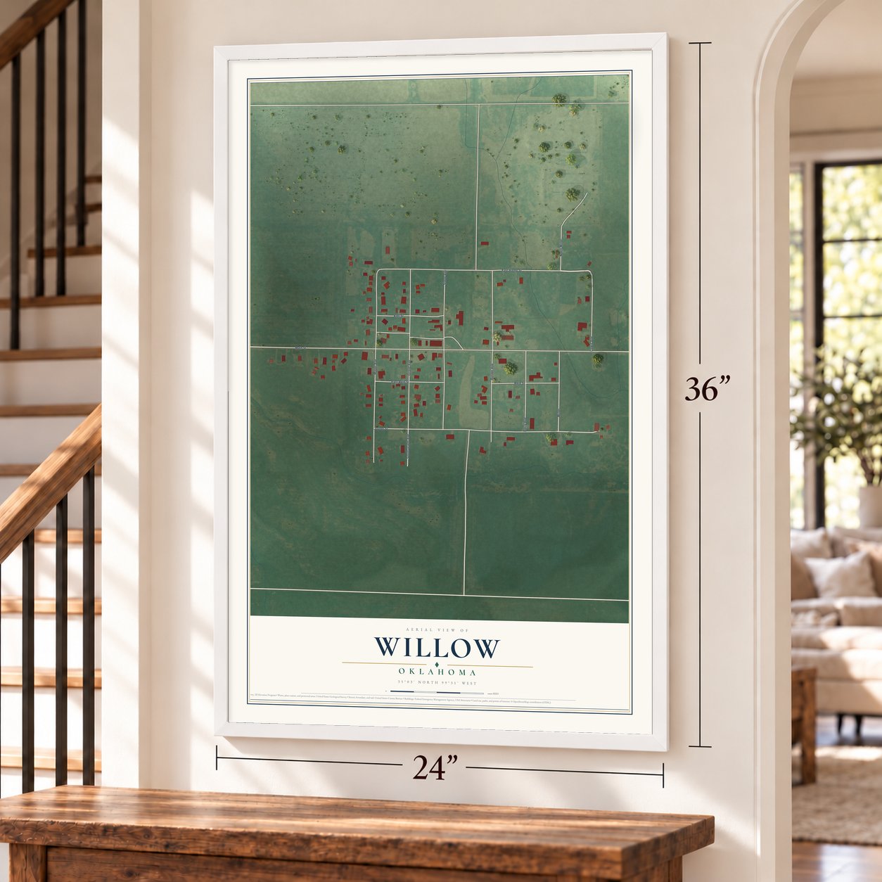 Willow, Oklahoma map, 24 x 36 inch print in a white frame by a staircase