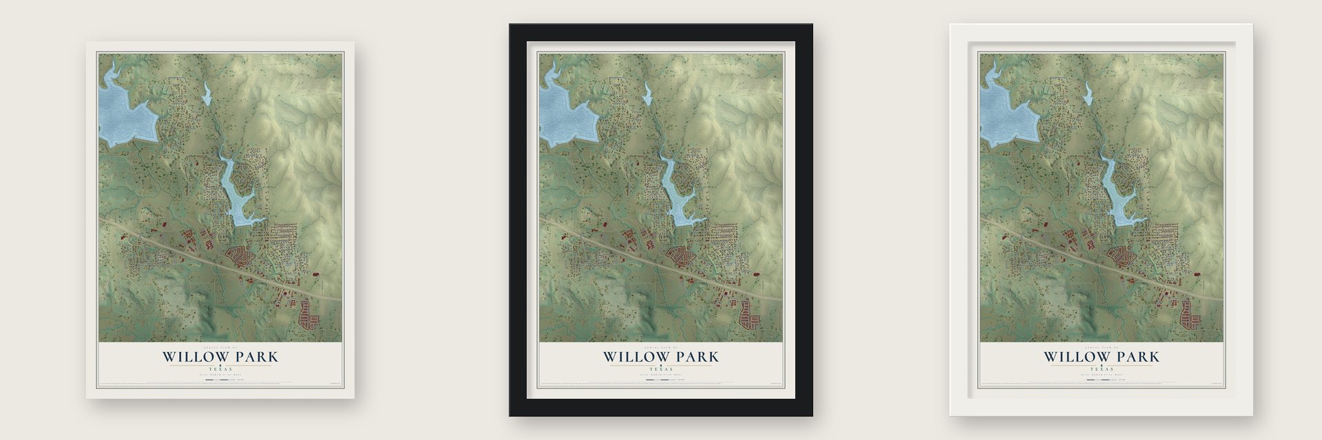 Willow Park, Texas map unframed, in a black wood frame and in a white wood frame
