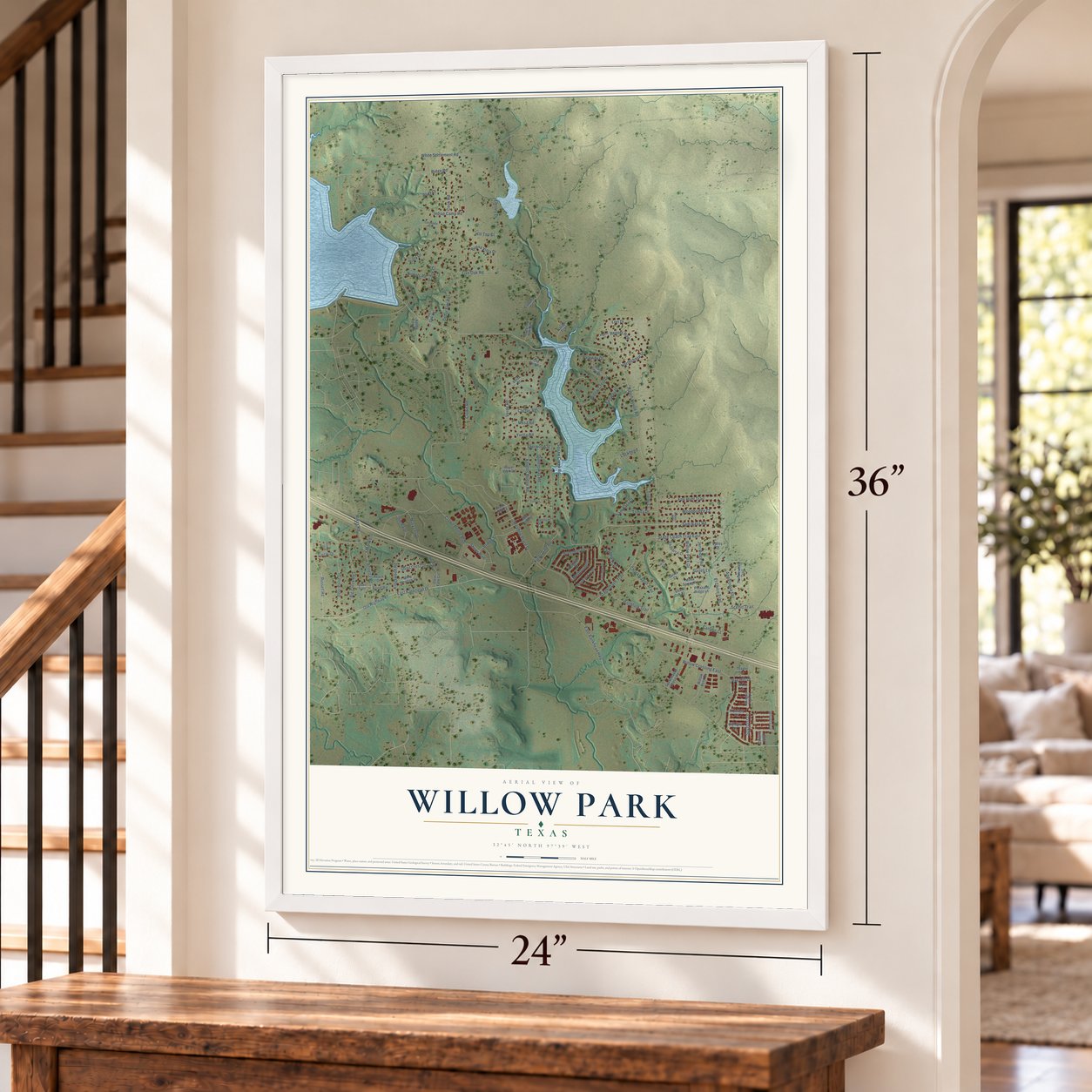 Willow Park, Texas map, 24 x 36 inch print in a white frame by a staircase