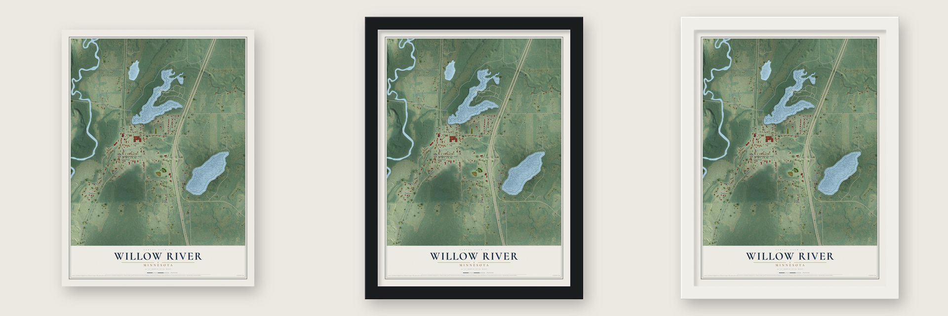 Willow River, Minnesota map unframed, in a black wood frame and in a white wood frame