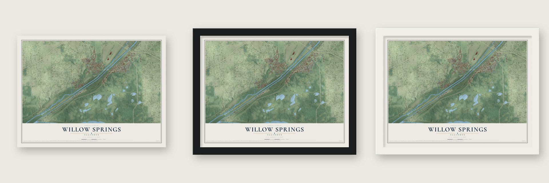 Willow Springs, Illinois map unframed, in a black wood frame and in a white wood frame