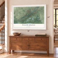 Willow Springs, Illinois map, 24 x 36 inch print in a white frame above a dresser by a staircase
