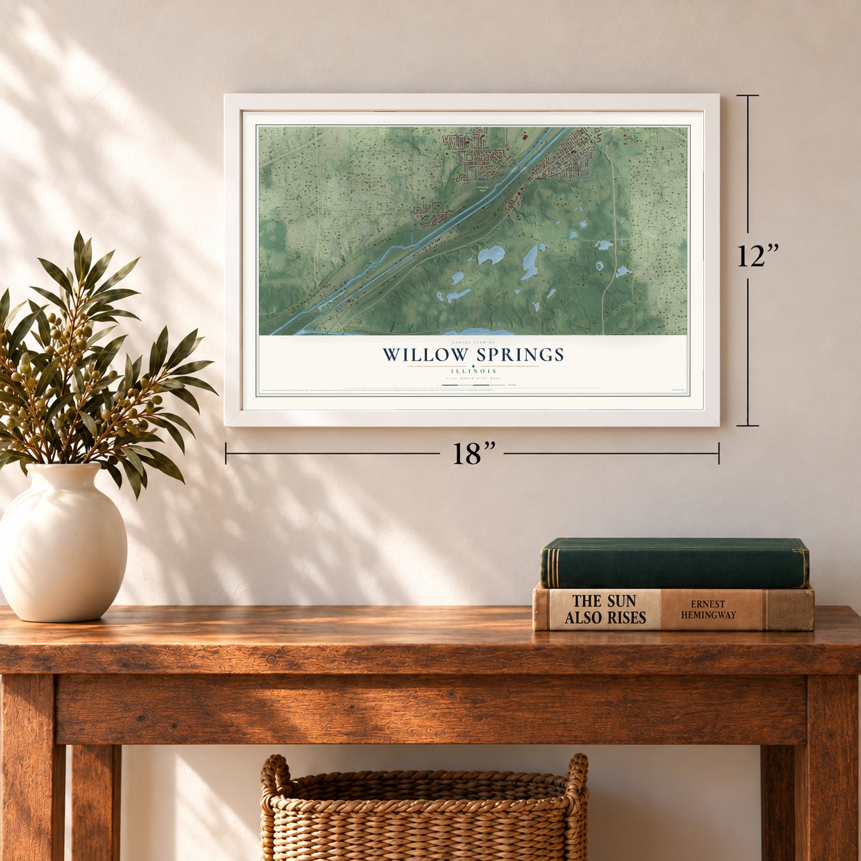 Willow Springs, Illinois map, 12 x 18 inch print in a white frame in an entryway