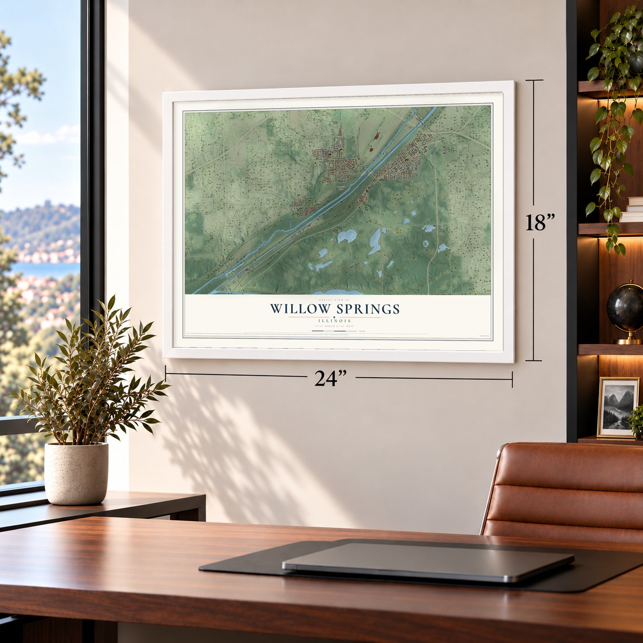 Willow Springs, Illinois map, 18 x 24 inch print in a white frame in a home office