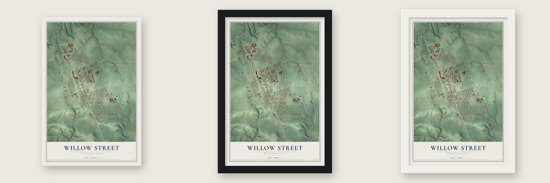 Willow Street, Pennsylvania map unframed, in a black wood frame and in a white wood frame