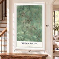 Willow Street, Pennsylvania map, 24 x 36 inch print in a white frame by a staircase