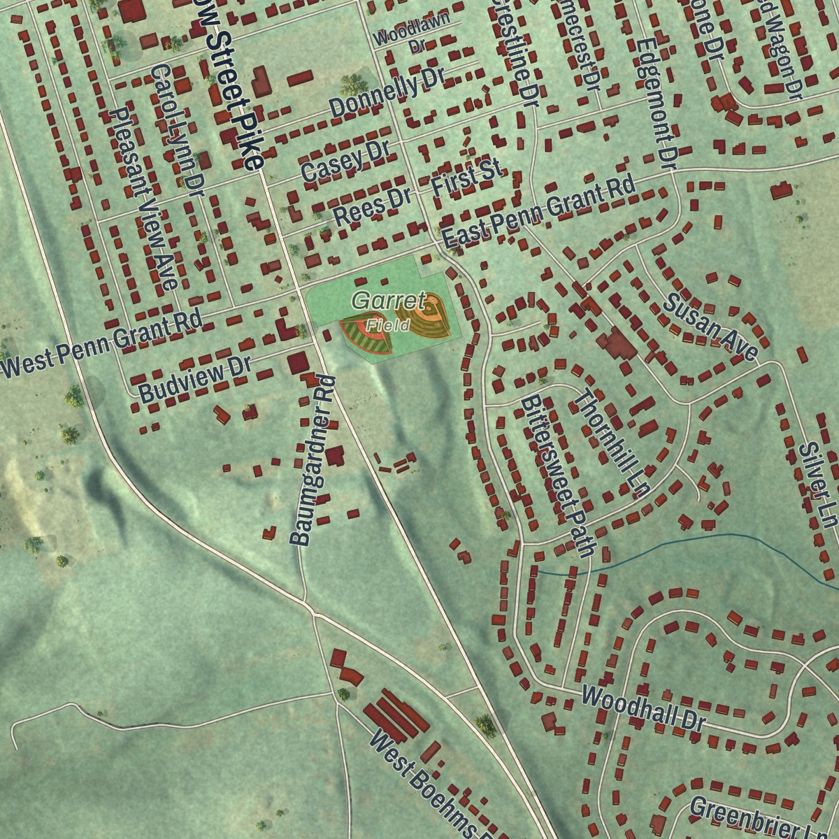 Second close-up of the map of Willow Street, Pennsylvania print showing more streets and buildings