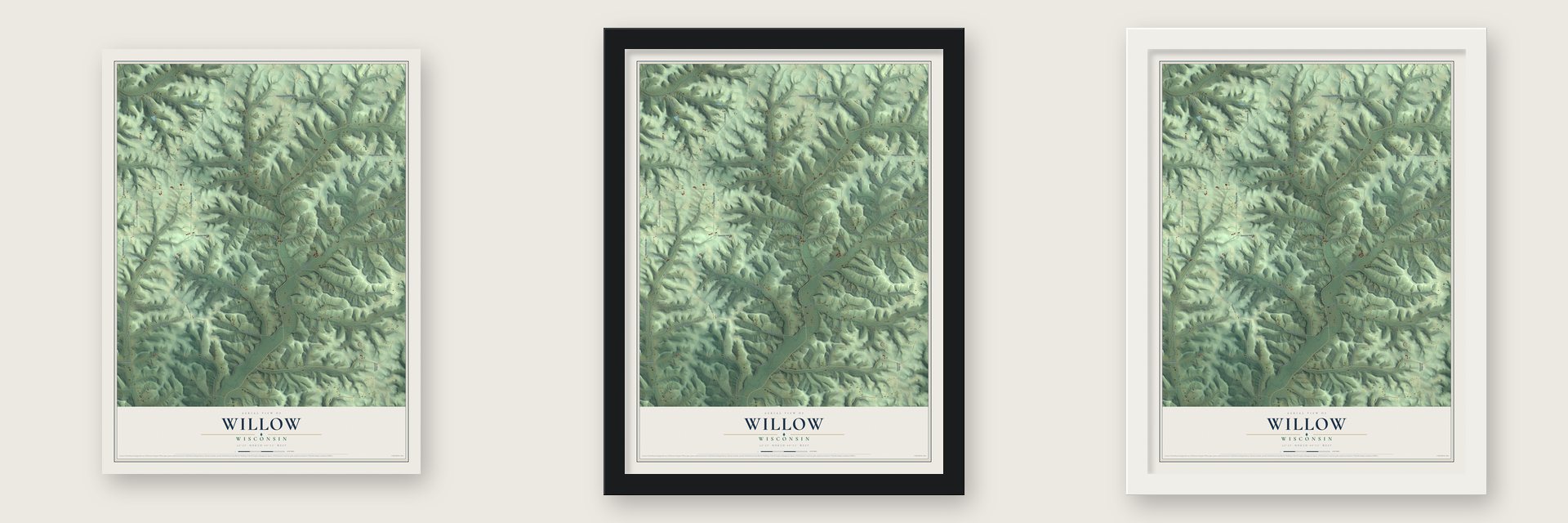 Willow, Wisconsin map unframed, in a black wood frame and in a white wood frame