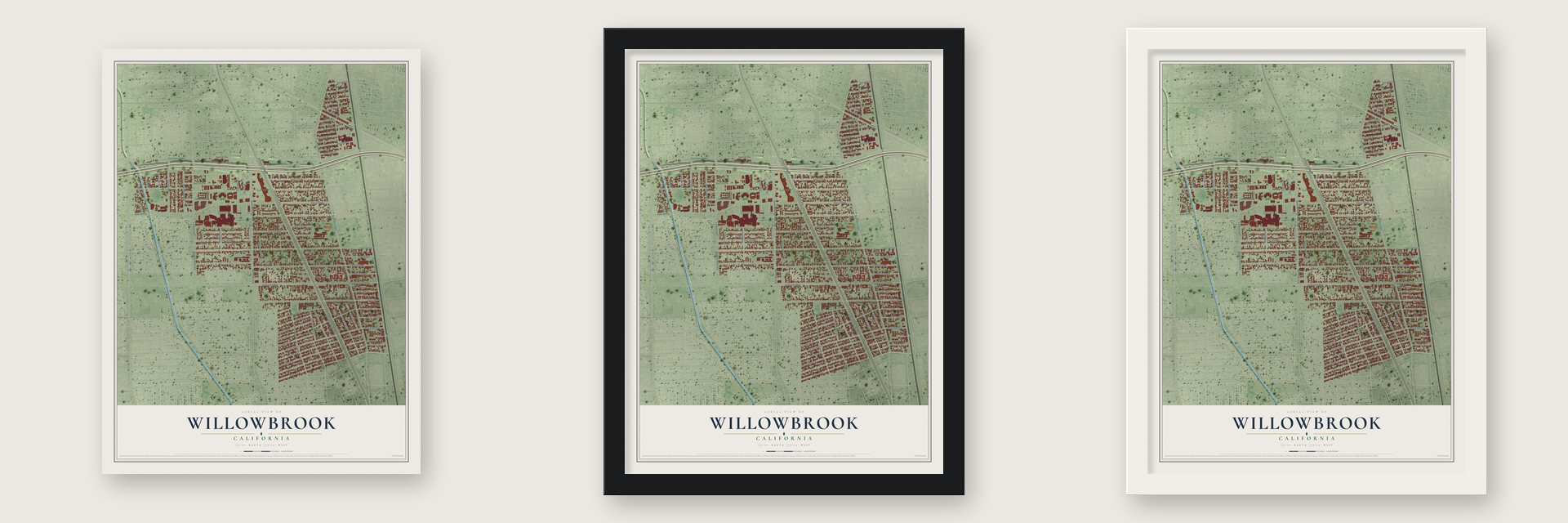Willowbrook, California map unframed, in a black wood frame and in a white wood frame