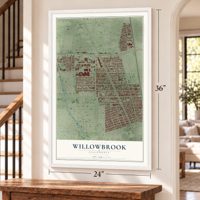 Willowbrook, California map, 24 x 36 inch print in a white frame by a staircase