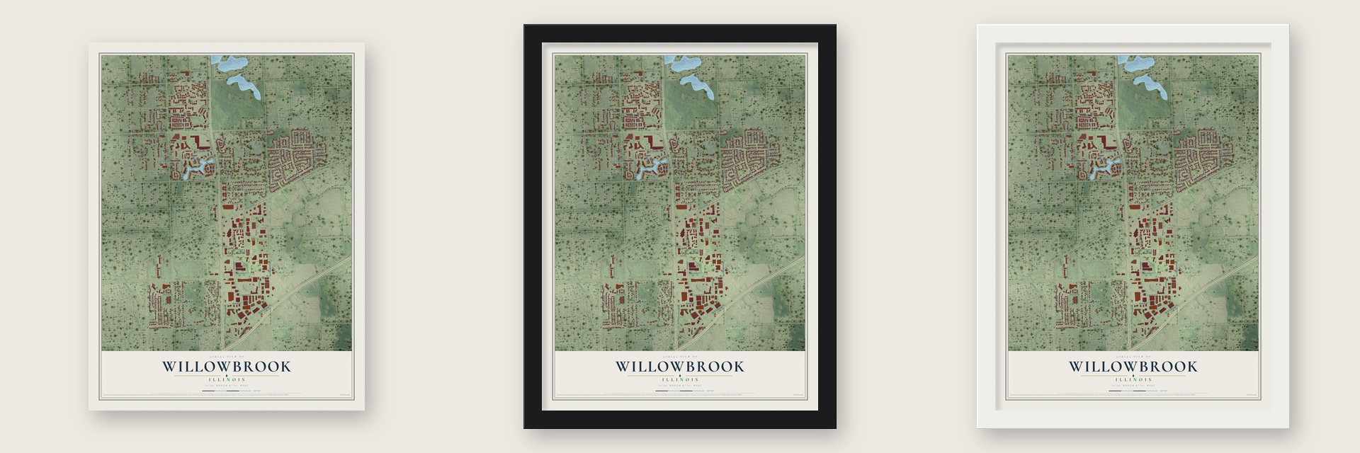 Willowbrook, Illinois map unframed, in a black wood frame and in a white wood frame