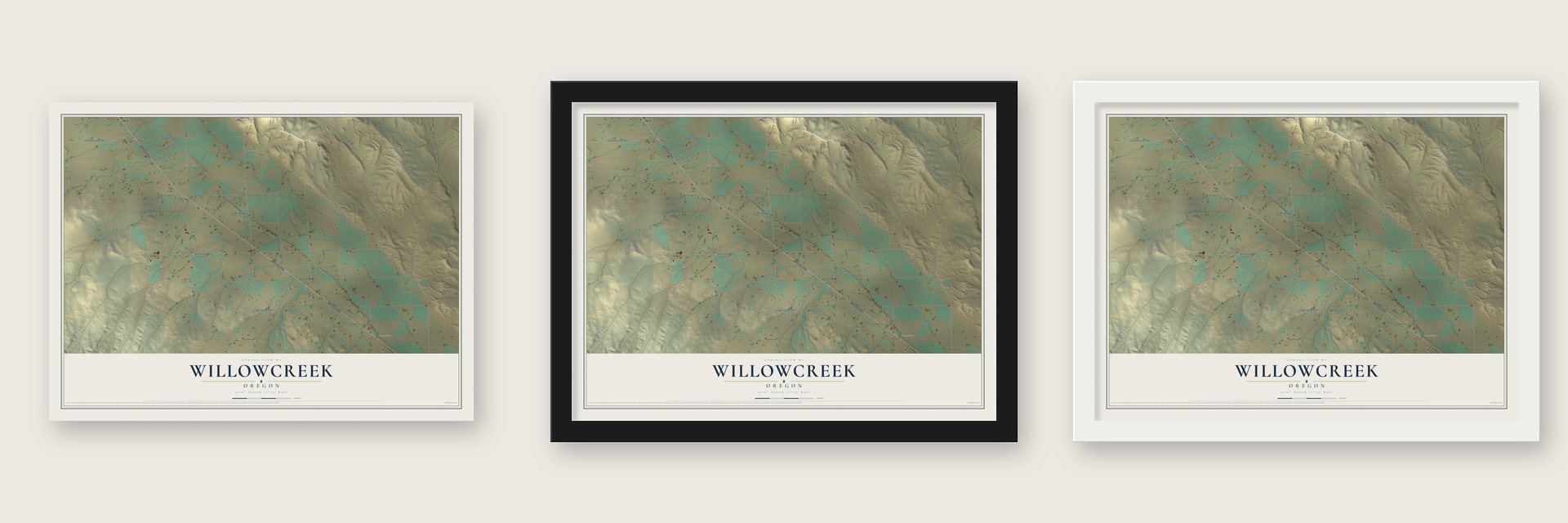 Willowcreek, Oregon map unframed, in a black wood frame and in a white wood frame