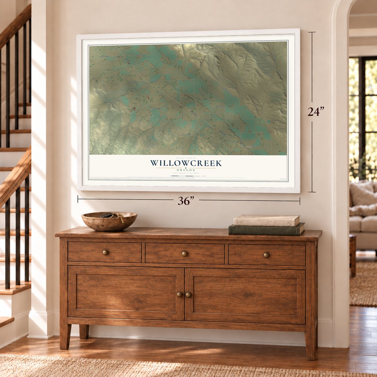 Willowcreek, Oregon map, 24 x 36 inch print in a white frame above a dresser by a staircase