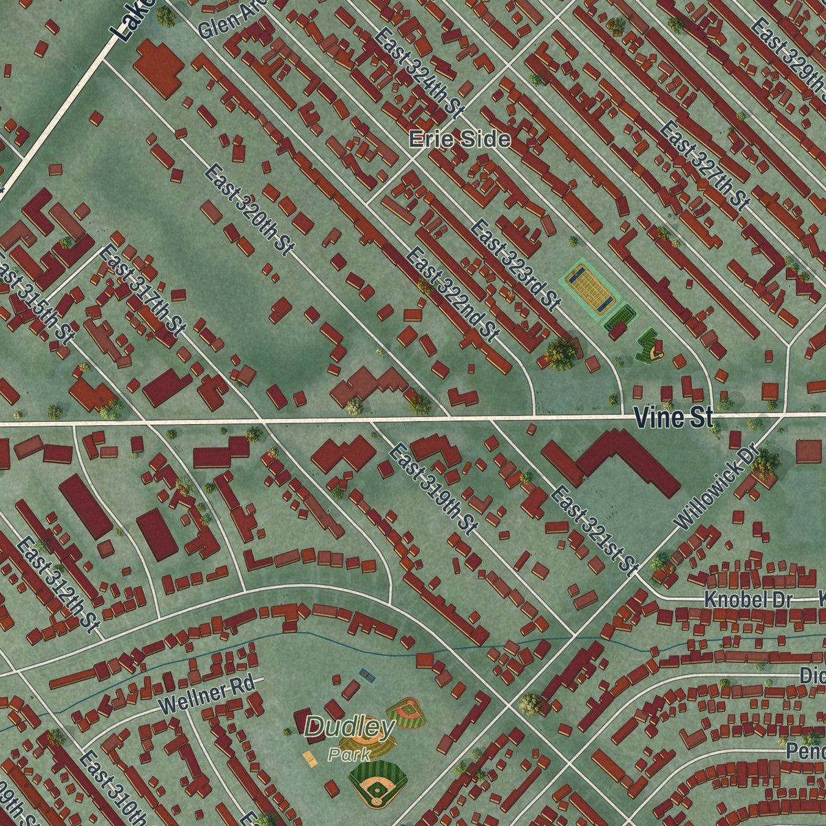 Second close-up of the map of Willowick, Ohio print showing more streets and buildings