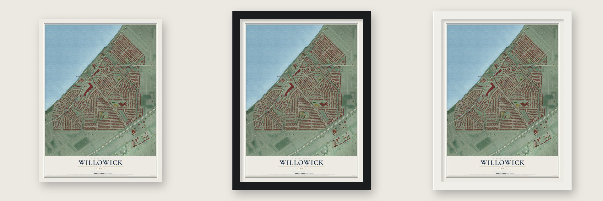 Willowick, Ohio map unframed, in a black wood frame and in a white wood frame