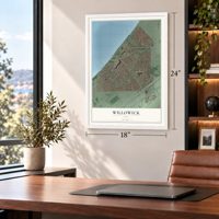 Willowick, Ohio map, 18 x 24 inch print in a white frame in a home office