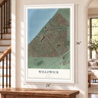 Willowick, Ohio map, 24 x 36 inch print in a white frame by a staircase