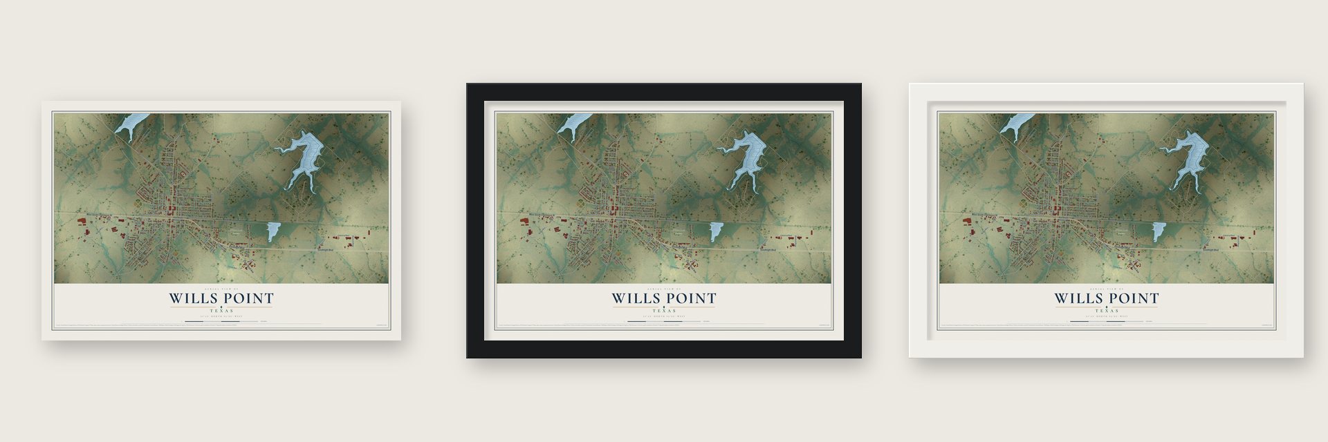 Wills Point, Texas map unframed, in a black wood frame and in a white wood frame