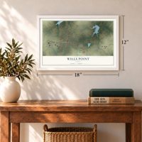 Wills Point, Texas map, 12 x 18 inch print in a white frame in an entryway