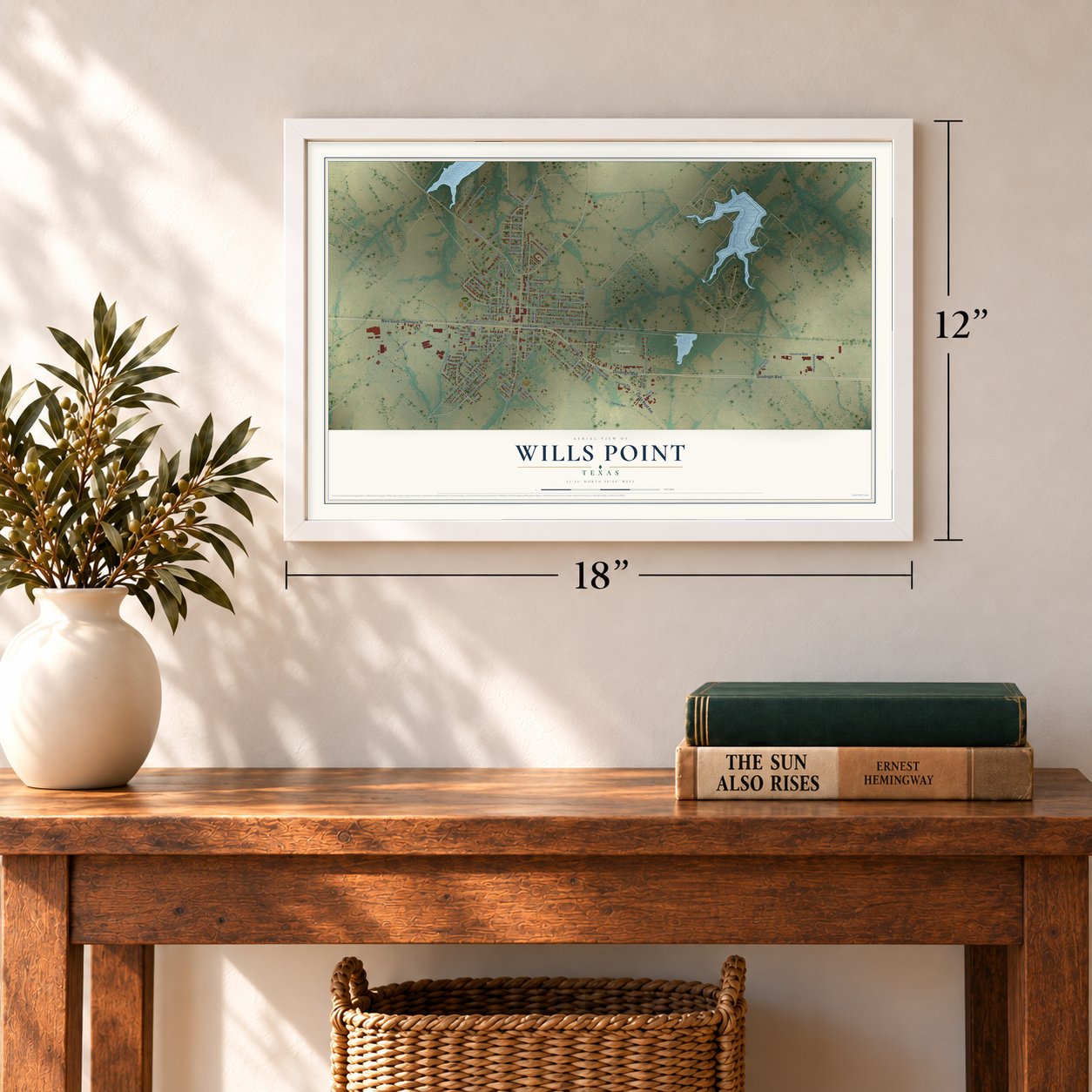 Wills Point, Texas map, 12 x 18 inch print in a white frame in an entryway